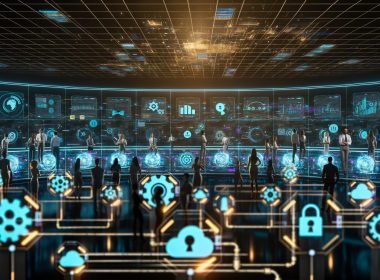 Futuristischer Kontrollraum mit leuchtenden Dashboards: diverses Team überwacht automatisierte Feedback-Kanäle; Roboterarme und Algorithmen priorisieren Signale; Echtzeit-Alerts, Sentimentanalyse, NPS, CSAT, Churn und DSGVO-Symbol sichtbar.