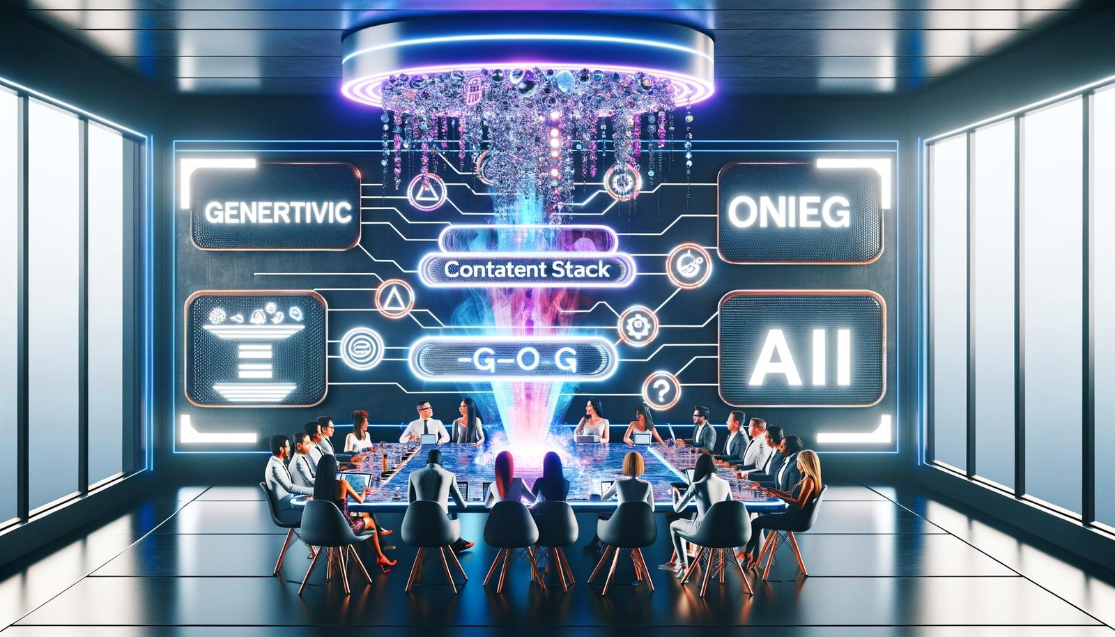 Futuristischer Meetingraum mit internationalen Marketingexperten, holografischen Displays und digitalen Datenströmen zu KI und SEO.