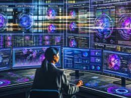 Futuristischer Arbeitsplatz mit Content-Strategin, mehreren Monitoren mit KI-Tools und SEO-Analysen, umgeben von holografischen Datenströmen in urbaner High-Tech-Umgebung.