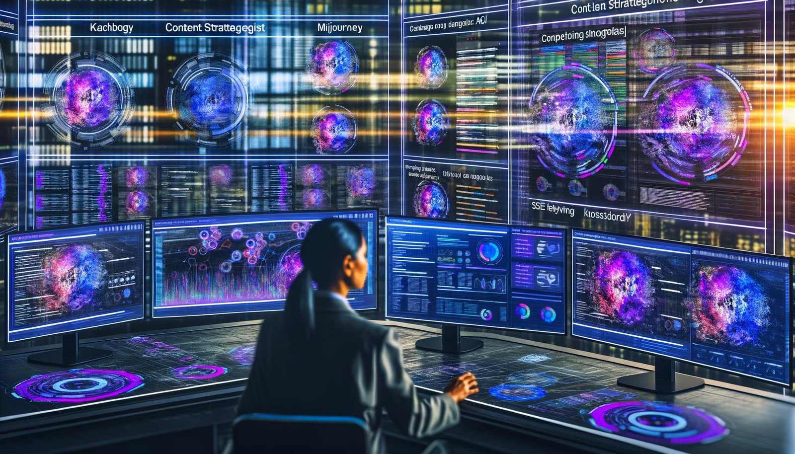 Futuristischer Arbeitsplatz mit Content-Strategin, mehreren Monitoren mit KI-Tools und SEO-Analysen, umgeben von holografischen Datenströmen in urbaner High-Tech-Umgebung.