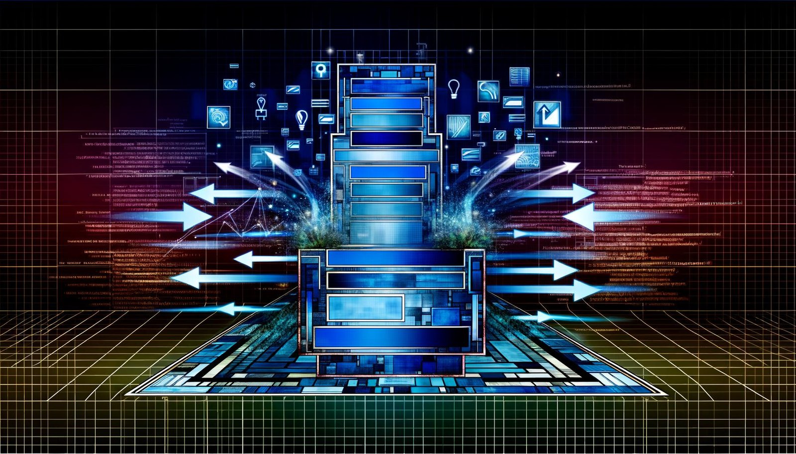 Redaktionelle Illustration einer harmonisch aufgebauten Webseitenstruktur mit KI, Datenströmen und SEO-Ranking-Symbolen vor einem modernen Hintergrund.