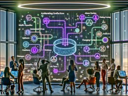 Futuristisches Büro mit diversen Teams, die rund um große, transparente Bildschirme kollaborieren. Darstellung von Datenpipelines, API-Integrationen und KI-Werkzeugen wie OpenAI, Gemini und DALL-E. Im Zentrum visualisiertes generatives Content-System, darüber holographische Prompts und Inhalte.