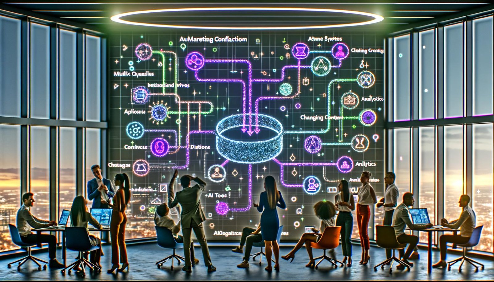 Futuristisches Büro mit diversen Teams, die rund um große, transparente Bildschirme kollaborieren. Darstellung von Datenpipelines, API-Integrationen und KI-Werkzeugen wie OpenAI, Gemini und DALL-E. Im Zentrum visualisiertes generatives Content-System, darüber holographische Prompts und Inhalte.