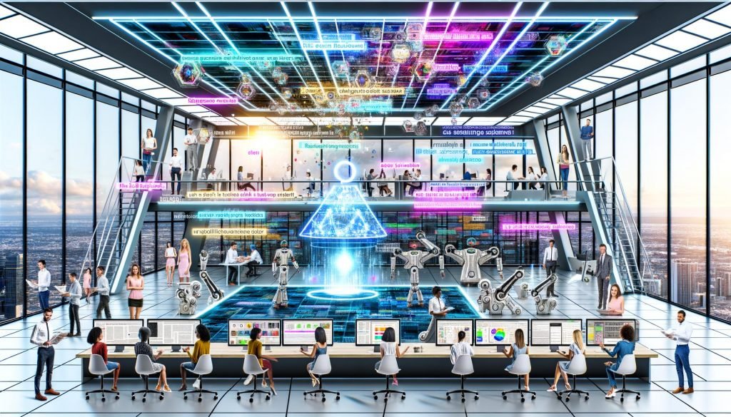 Modernes Redaktionsteam arbeitet in einem futuristischen, lichtdurchfluteten Open-Space-Büro mit Bildschirmen voller Datenströme, KI-generierten Texten und automatisierten Prozessen.