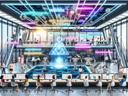 Modernes Redaktionsteam arbeitet in einem futuristischen, lichtdurchfluteten Open-Space-Büro mit Bildschirmen voller Datenströme, KI-generierten Texten und automatisierten Prozessen.