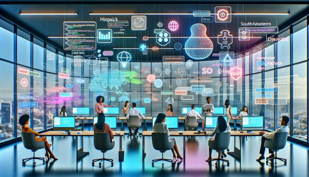 Innovatives Büro, in dem ein vielseitiges Marketingteam gemeinsam mit KI-gestützten Tools an transparenten Bildschirmen arbeitet. Text, Code und Datenvisualisierungen sind sichtbar.