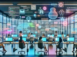 Innovatives Büro, in dem ein vielseitiges Marketingteam gemeinsam mit KI-gestützten Tools an transparenten Bildschirmen arbeitet. Text, Code und Datenvisualisierungen sind sichtbar.