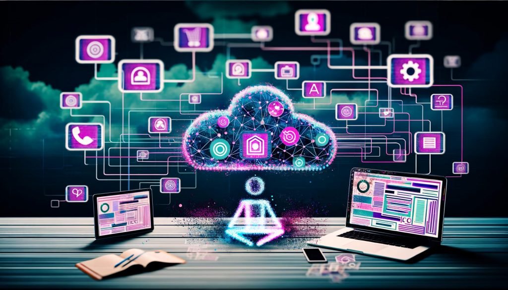 Modernes Editorial-Visual mit Laptop, Tablet und Smartphone, die Content-Workflows, KI-Icons und digitale Datenströme darstellen, vor einem abstrakten Netz-Effekt.