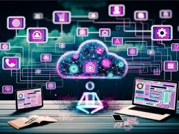 Modernes Editorial-Visual mit Laptop, Tablet und Smartphone, die Content-Workflows, KI-Icons und digitale Datenströme darstellen, vor einem abstrakten Netz-Effekt.