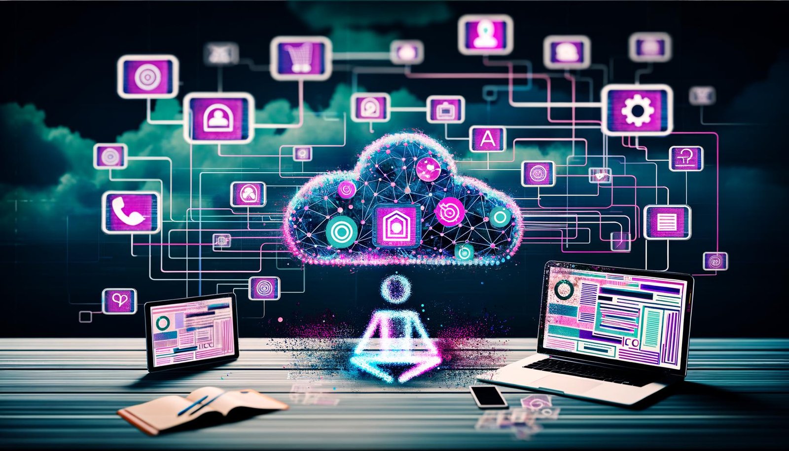 Modernes Editorial-Visual mit Laptop, Tablet und Smartphone, die Content-Workflows, KI-Icons und digitale Datenströme darstellen, vor einem abstrakten Netz-Effekt.