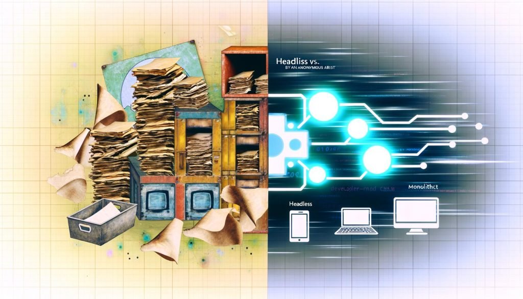 Collage mit antikem CMS-Backend links, moderner Headless-Architektur rechts, verbunden durch leuchtende APIs zwischen Headless-CMS-Icons und Geräten wie Laptop, Tablet und Smartphone.