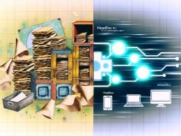 Collage mit antikem CMS-Backend links, moderner Headless-Architektur rechts, verbunden durch leuchtende APIs zwischen Headless-CMS-Icons und Geräten wie Laptop, Tablet und Smartphone.