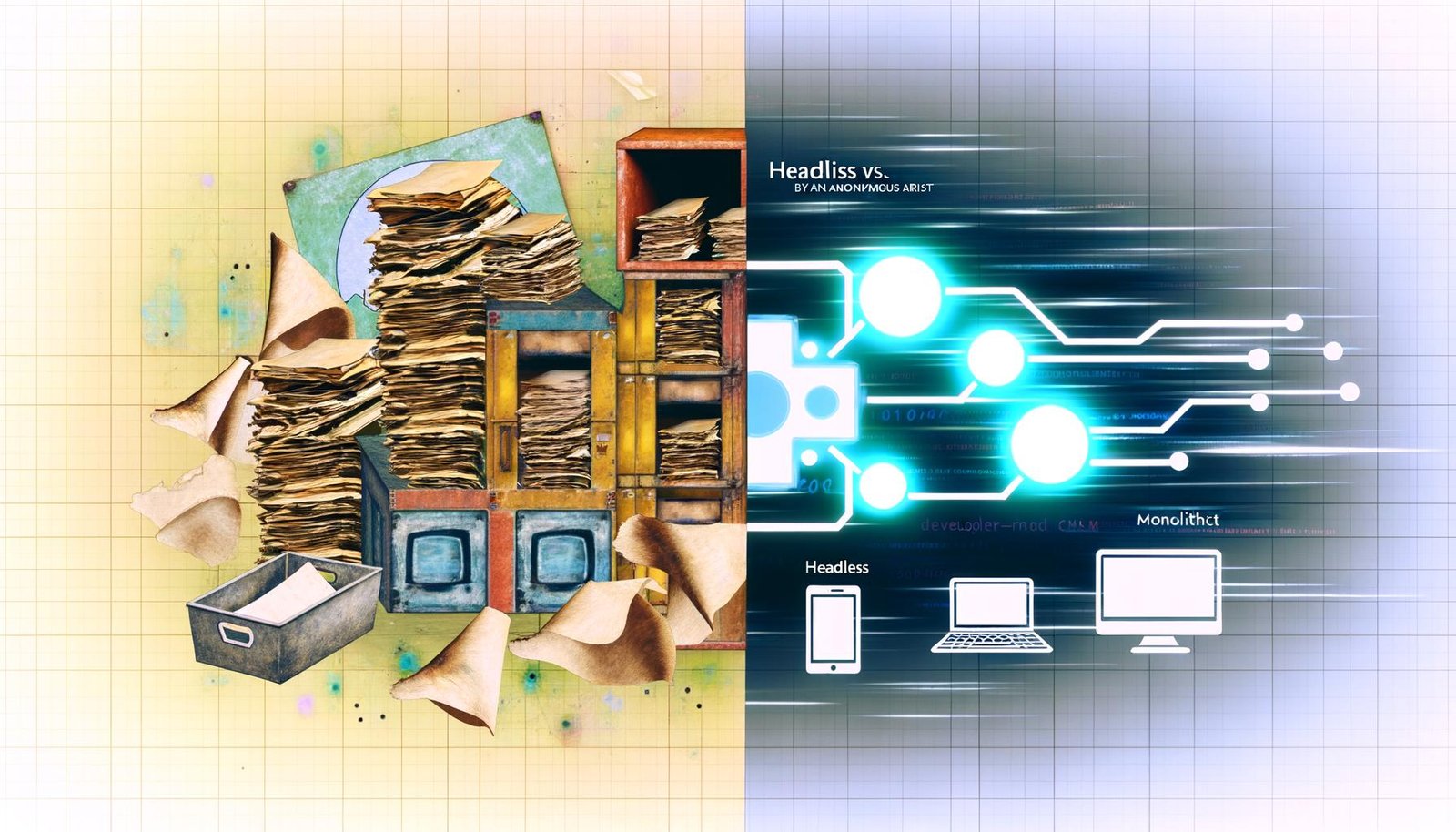 Collage mit antikem CMS-Backend links, moderner Headless-Architektur rechts, verbunden durch leuchtende APIs zwischen Headless-CMS-Icons und Geräten wie Laptop, Tablet und Smartphone.
