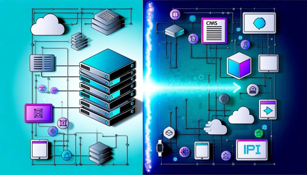 Moderne Illustration zeigt den Vergleich zwischen einem monolithischen CMS-Server mit Datenbank und Website-Frontend sowie schlanken Headless-CMS-Content-Würfeln, die über APIs flexibel mit unterschiedlichen Endgeräten verbunden sind.