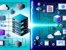 Moderne Illustration zeigt den Vergleich zwischen einem monolithischen CMS-Server mit Datenbank und Website-Frontend sowie schlanken Headless-CMS-Content-Würfeln, die über APIs flexibel mit unterschiedlichen Endgeräten verbunden sind.