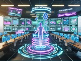 Marketer in futuristischem Büro mit Monitoren, Hologrammen und Datenströmen, personalisierte Inhalte und KI-Analysen sichtbar