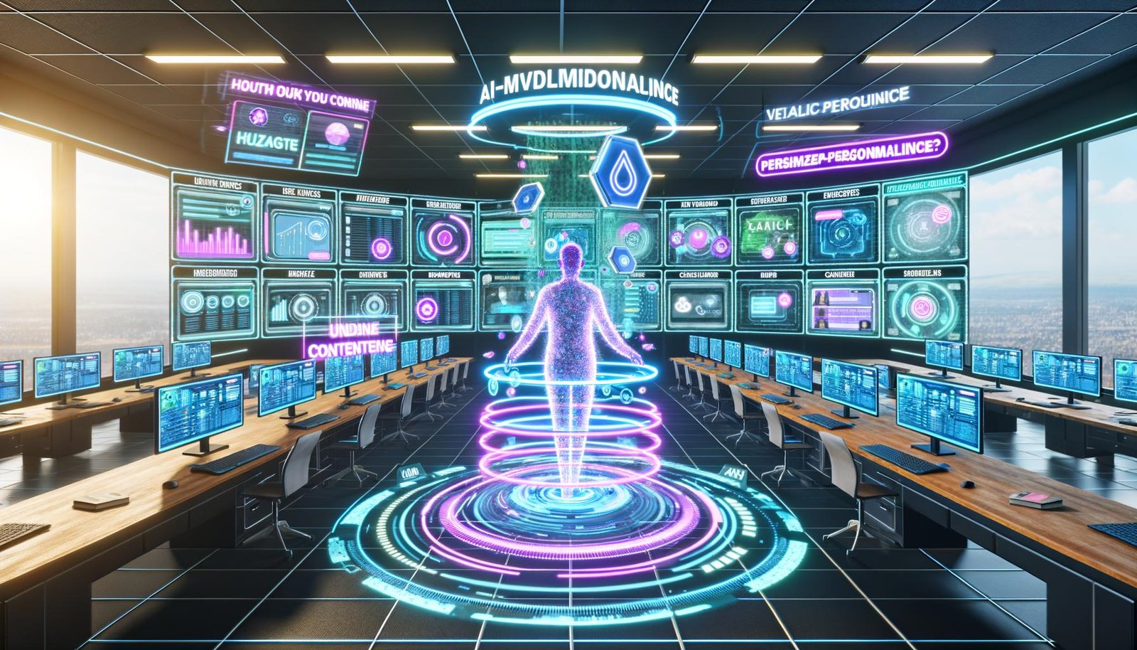 Marketer in futuristischem Büro mit Monitoren, Hologrammen und Datenströmen, personalisierte Inhalte und KI-Analysen sichtbar
