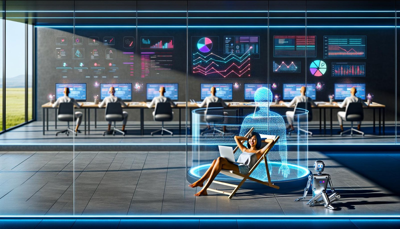 Futuristisches Büro mit entspannter Person auf Liegestuhl, umgeben von holografischen Analysen und KI-gesteuerten Robotern, die gemeinsam Marketing-Inhalte steuern.