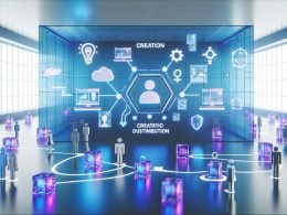 Futuristischer Kontrollraum mit transparenten Displays, holografischen Schnittstellen und diversen Fachleuten, die dynamische Datenströme und Marketingprozesse steuern.