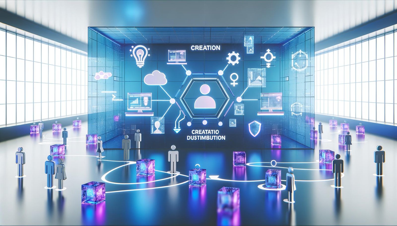 Futuristischer Kontrollraum mit transparenten Displays, holografischen Schnittstellen und diversen Fachleuten, die dynamische Datenströme und Marketingprozesse steuern.