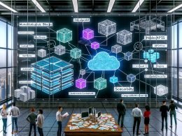 Futuristisch gestaltetes Operationszentrum mit digitaler Wand, die verschiedene CMS Architekturen wie Monolith, Decoupled, Headless und Microservices veranschaulicht; diverse IT-Experten besprechen Pläne, von Cloud-Icons und Streams umgeben.