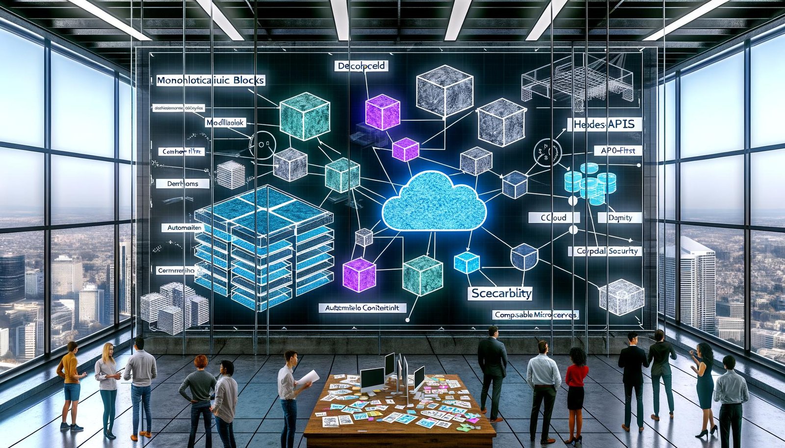 Futuristisch gestaltetes Operationszentrum mit digitaler Wand, die verschiedene CMS Architekturen wie Monolith, Decoupled, Headless und Microservices veranschaulicht; diverse IT-Experten besprechen Pläne, von Cloud-Icons und Streams umgeben.