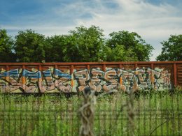 ein-mit-graffiti-bedeckter-zug-der-auf-einem-bahngleis-sitzt-Sn6XaMKPXCk