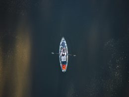 person-die-tagsuber-auf-einem-weissen-und-blauen-boot-auf-dem-wasser-fahrt-F1hiWf_76Q0