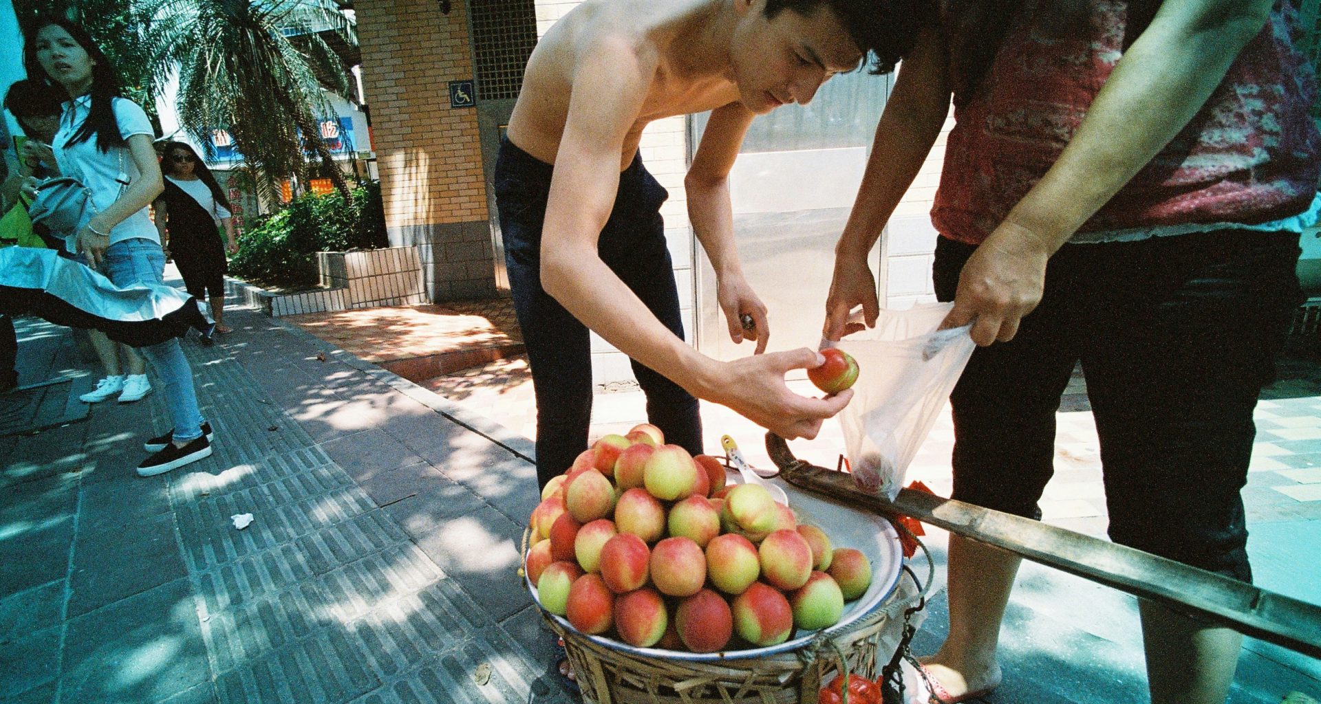 oben-ohne-mann-legt-apfel-in-plastiktute-cauJ36zHna0