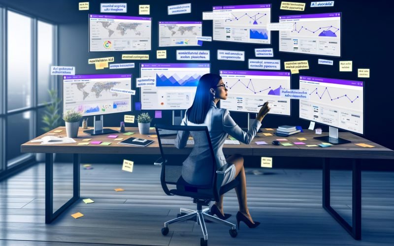 Marketer steuert manuell Google Ads Gebote an modernem Schreibtisch mit digitalen Dashboards und Keywords.