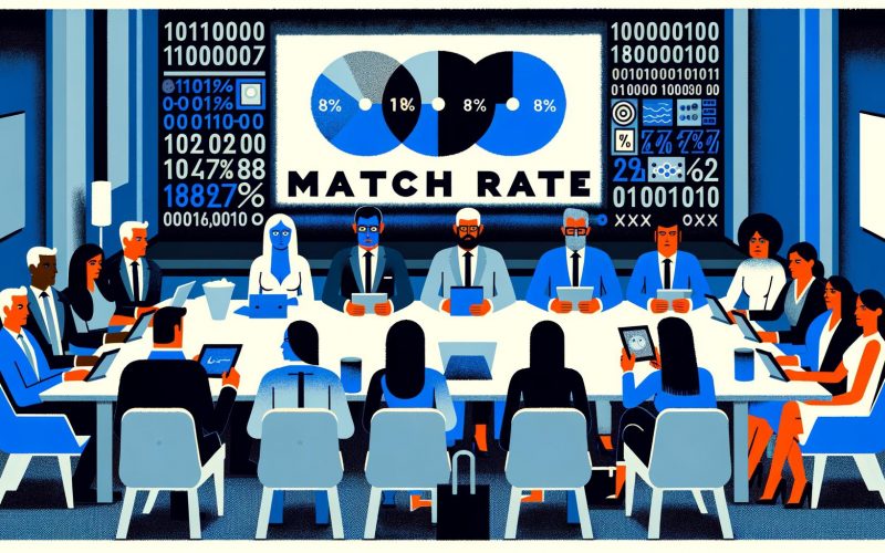 Moderner Meetingraum mit diversen Marketingexperten, die konzentriert auf einen Bildschirm mit 'Match Rate', Venn-Diagrammen und Datencharts schauen.