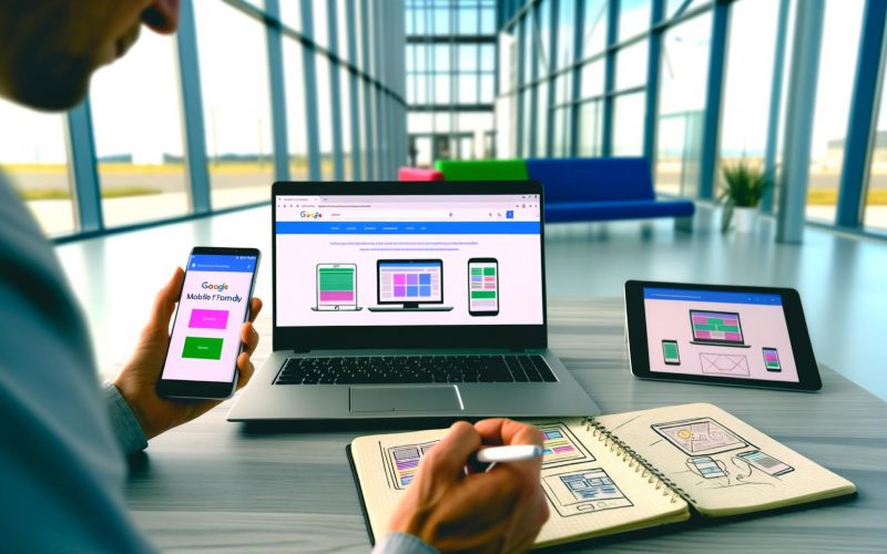 Person am Schreibtisch prüft mit Laptop, Smartphone und Tablet eine Website auf mobile Nutzerfreundlichkeit, Google Mobile Friendly Test ist auf dem Bildschirm zu sehen, daneben Skizzen von Webseiten-Layouts.