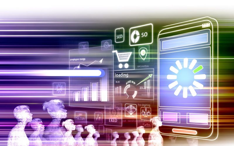 Smartphone mit rasanter Website-Ladezeit, dynamische Speed-Linien, digitale Ladebalken und unscharfe, frustrierte Nutzer im Hintergrund. Symbole für SEO, Conversion und Ranking im Design integriert.