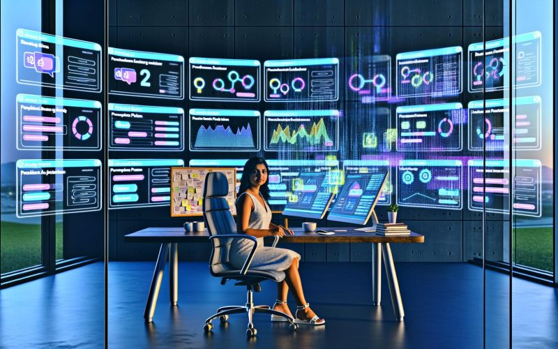 Digital Marketer am futuristischen Schreibtisch mit Performance Planner, Google Ads Dashboards und farbigen Diagrammen auf großen Bildschirmen, umgeben von Datenströmen und Algorithmen.