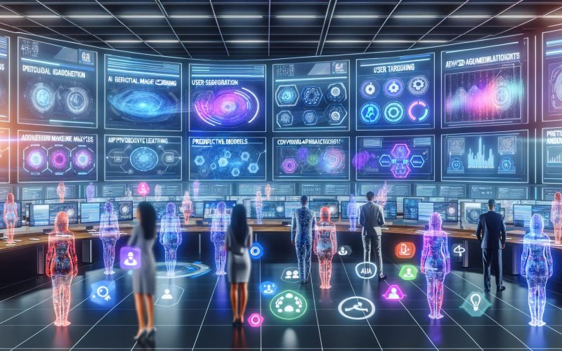 Futuristisches digitales Marketing-Command-Center mit großen Bildschirmen, holographischen Anzeigen und diversen Fachleuten, die zusammen Echtzeitdaten, Graphen und Segmentierungsdiagramme analysieren.