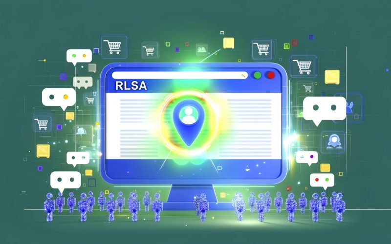 Computerbildschirm mit Google-Suchergebnisseite, leuchtendes Targeting-Symbol hebt bestimmte Nutzer in einer digitalen Menschenmenge hervor, dargestellt mit modernen Flat Design Elementen, Sprechblasen, Warenkorb-Icon und Checkboxen.