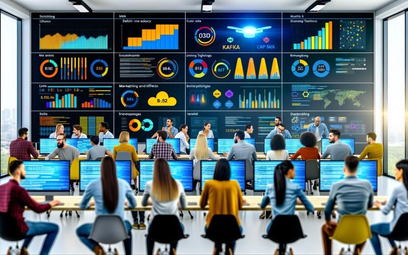 Digitalagentur mit jungen Spezialist*innen in einem modernen Büro, bunte Echtzeit-Dashboards und Datenvisualisierungen auf Monitoren, Symbole von Streaming-Technologien wie Kafka, SAP HANA und Power BI sichtbar.