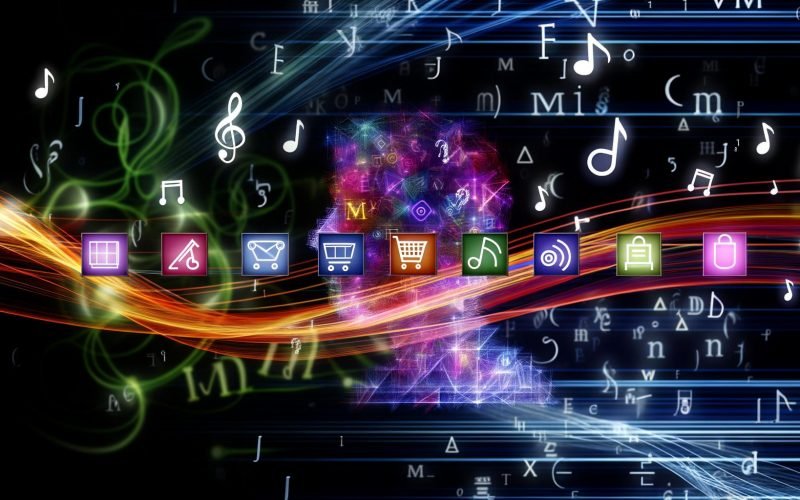 Menschliche Silhouette vor digitalem Netzwerk, umgeben von holografischen Icons für Filme, Musik und Produkte