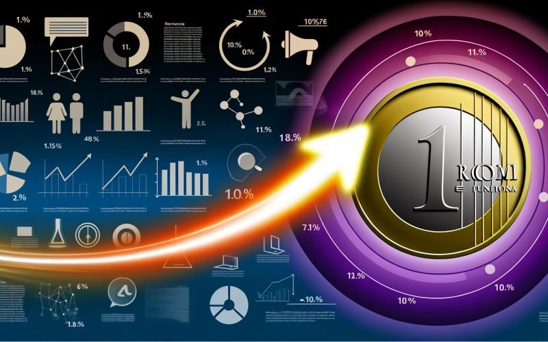 Infografik mit 1-Euro-Münze, aufsteigendem Pfeil, digitalen KPIs und Marketing-Symbolen als moderne Visualisierung des Return on Marketing Investment (ROMI).