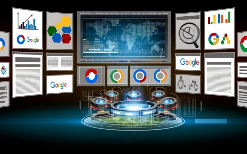 Digitale Cockpit-Illustration mit Bildschirmen, Dashboards, Suchmaschinen-Logos und vernetzten Weltkarten im Hintergrund