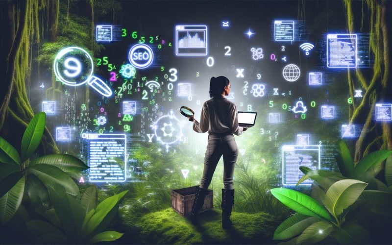 Moderner Schatzsucher im leuchtenden Daten-Dschungel mit Laptop, Kompass und holografischen Icons von Search-Analytics-Tools wie Google Search Console, SEMrush und Ahrefs.