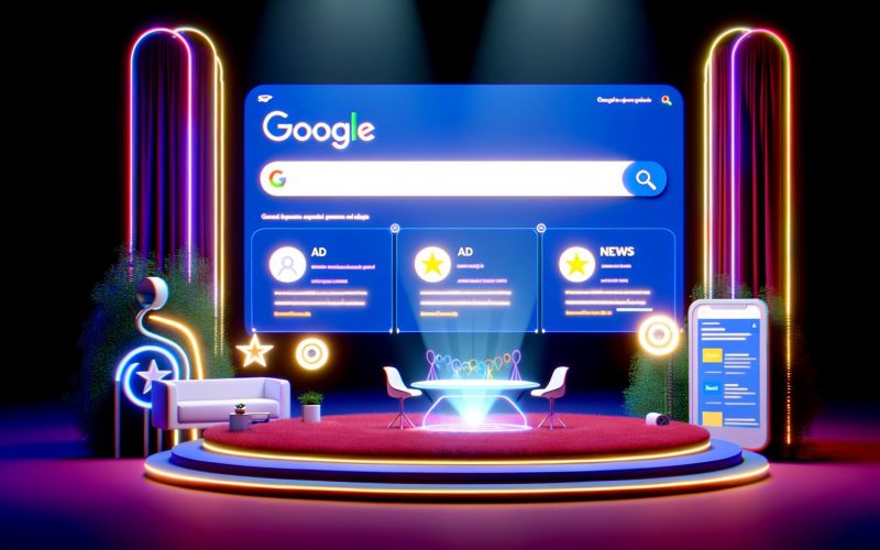 Moderne, farbenfrohe Suchergebnis-Seite als Bühne mit Google-Ergebnissen, Knowledge Panel, Featured Snippet, lokalen Karten, Videokarussell, News-Boxen und animierten Icons.