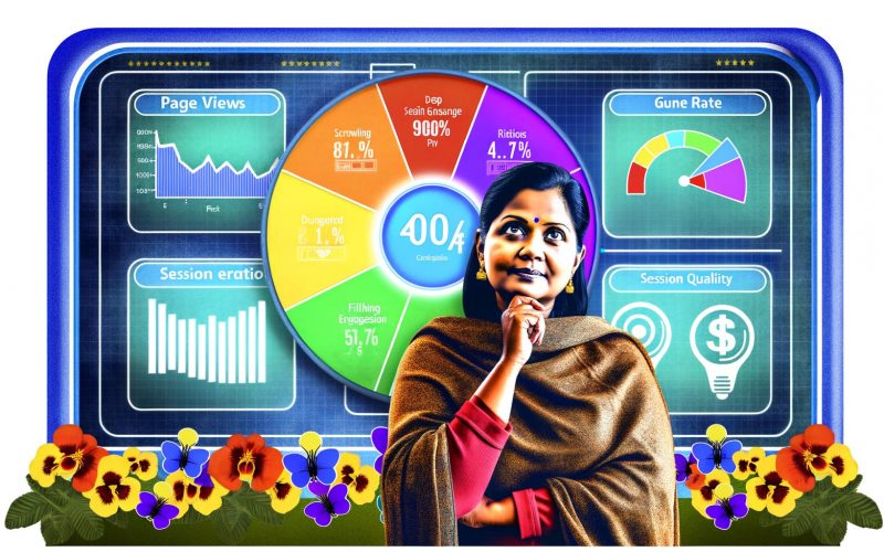 Digitalillustration eines Marketers, der Website-Analyse-Dashboards mit ausgegrauten klassischen KPIs betrachtet, während im Zentrum ein leuchtender Gauge die Sitzungqualität und intensives Nutzerengagement symbolisiert.