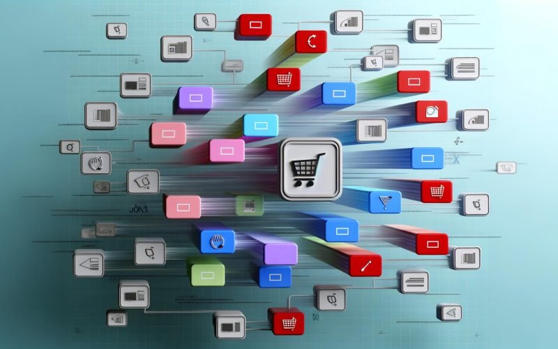 Moderne, minimalistische Grafik eines digitalen Shopping-Feeds mit abstrahiertem Datenstrom, Onlineshop und Plattformen wie Google Shopping, Amazon, Idealo und Facebook, umgeben von technischen Dateisymbolen.