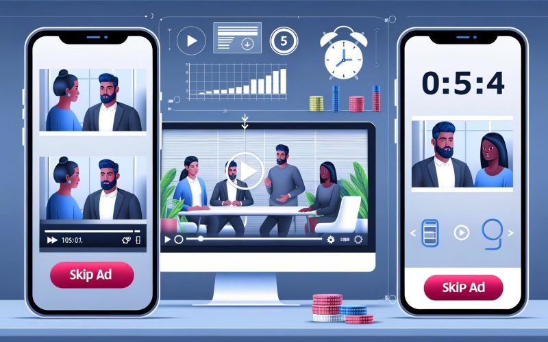 Stilvolle digitale Illustration von Smartphone- und Desktop-Screens mit Video, Skip-Ad-Button und vielfältigen Zuschauenden sowie Analyse-Elementen.