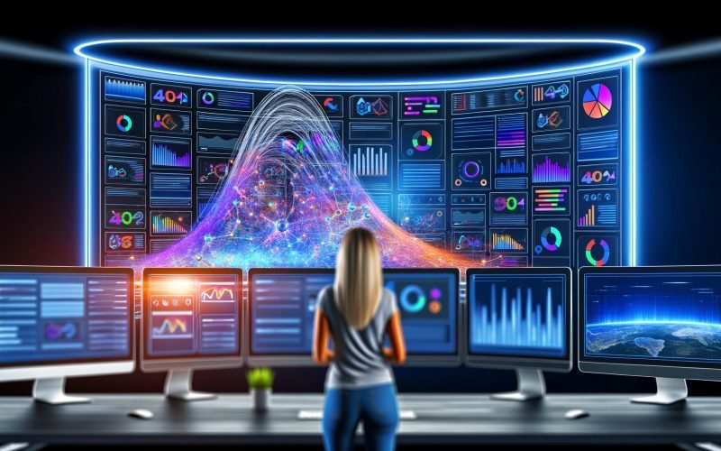 Futuristischer Arbeitsplatz eines Marketers mit mehreren Monitoren, dynamischen Analytics-Dashboards und abstrakter Google Display Network Darstellung im Hintergrund mit KI- und Werbemotiven.