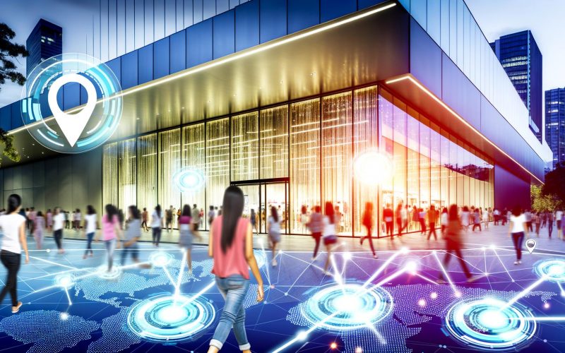 Helle, moderne Ladenfassade mit großen Schaufenstern, viele eintretende und austretende Käufer sowie digitale Symbole, die Smartphones und Geschäft verbinden.