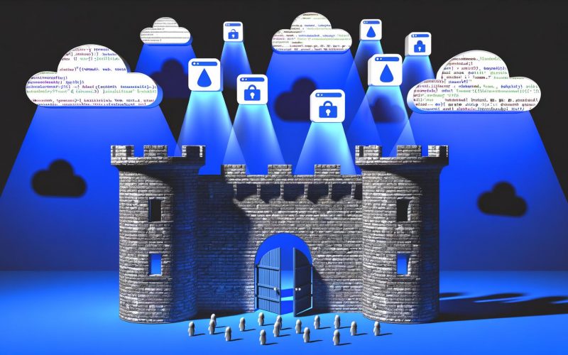 Stilisierte Festung als moderne Website, mit leuchtenden JavaScript-Türen in den Mauern, Schatten als Third-Party Tags und AdTech-Icons am digitalen Himmel.