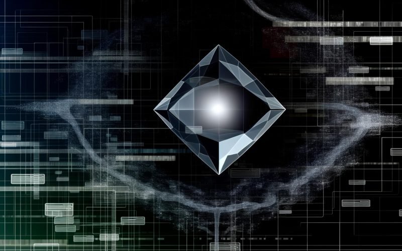 Halb-abstraktes digitales Kunstwerk eines transparenten 1x1-Pixels, umgeben von dunklen Datenströmen und Cyberspace-Elementen vor schemenhaften Webseiten, mit mystischer High-Tech-Atmosphäre.