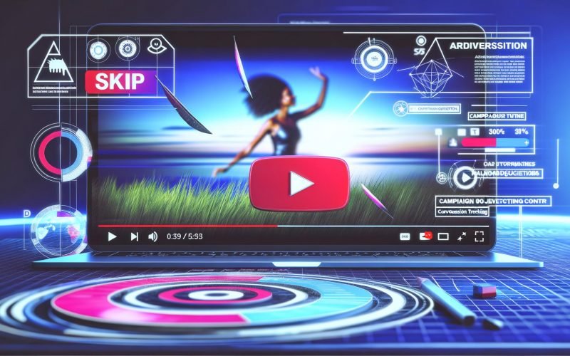 Screenshot eines modernen Computer-Desktops mit laufendem YouTube-Video, sichtbarem Skip-Button, kreativer Werbung, Infografik-Overlays zur Anzeigen-Performance und angedeutetem Google Ads-Logo im Hintergrund.